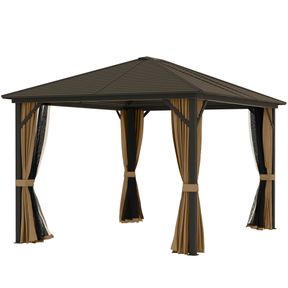 OUTSUNNY 10' X 12' HARDTOP GAZEBO WITH CURTAINS AND NETTING, GAZEBO CANOPY WITH ALUMINUM FRAME AND HOOKS, COFFEE