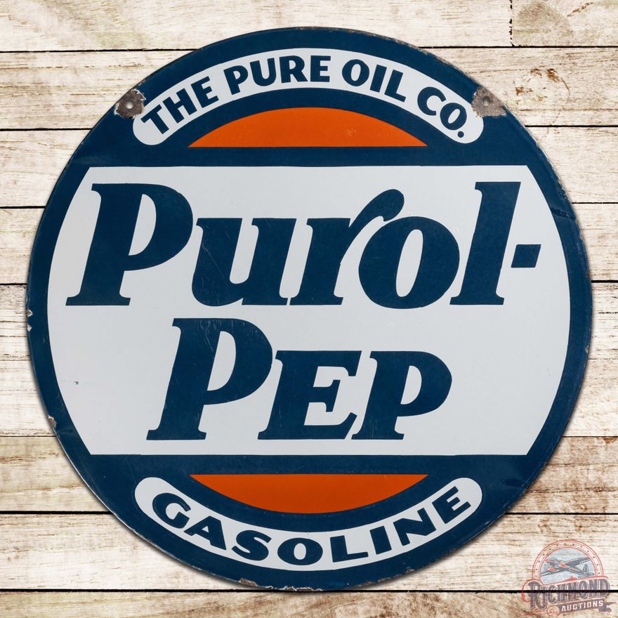 Fantastic Purol-Pep Gasoline "The Pure Oil Company" 25.5" Double Sided Porcelain Sign