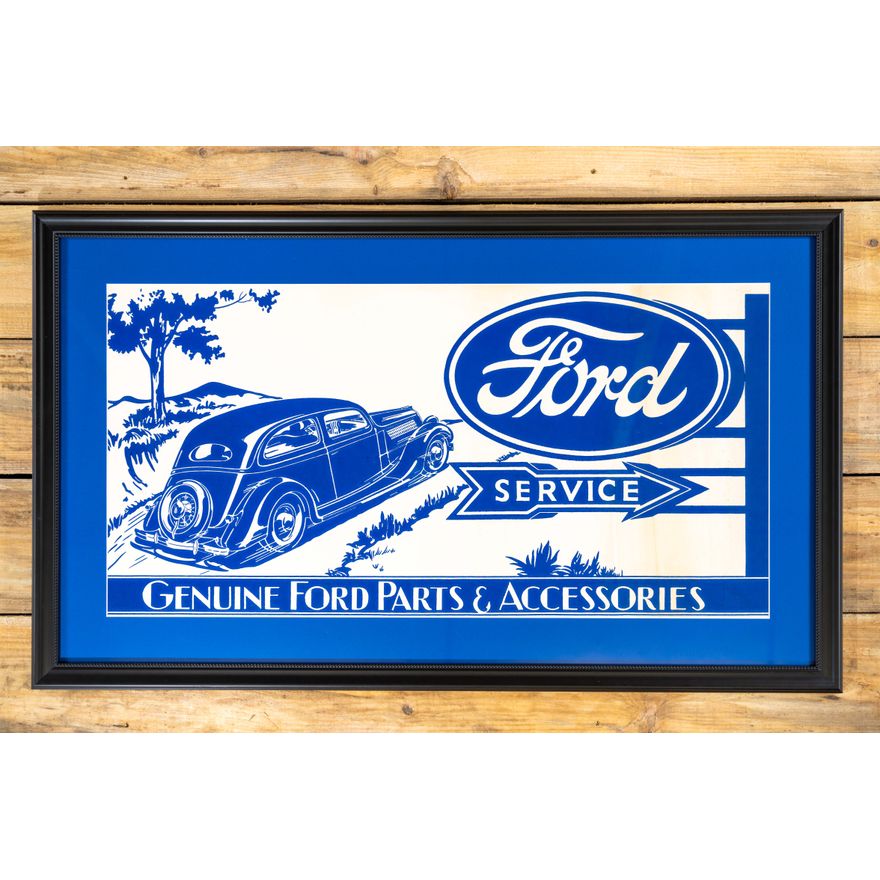 Framed Ford Service w/ Car and Logo Crate Paper Sign TAC 9.5
