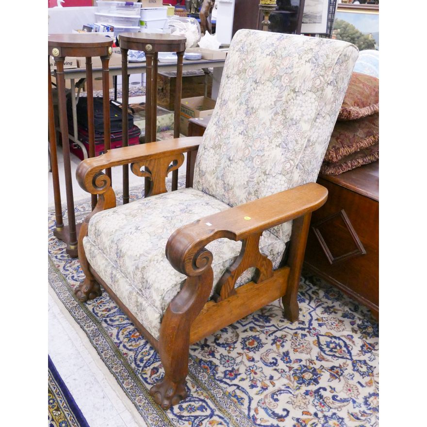 American Carved Oak Morris Chair with Claw Feet 43x31''