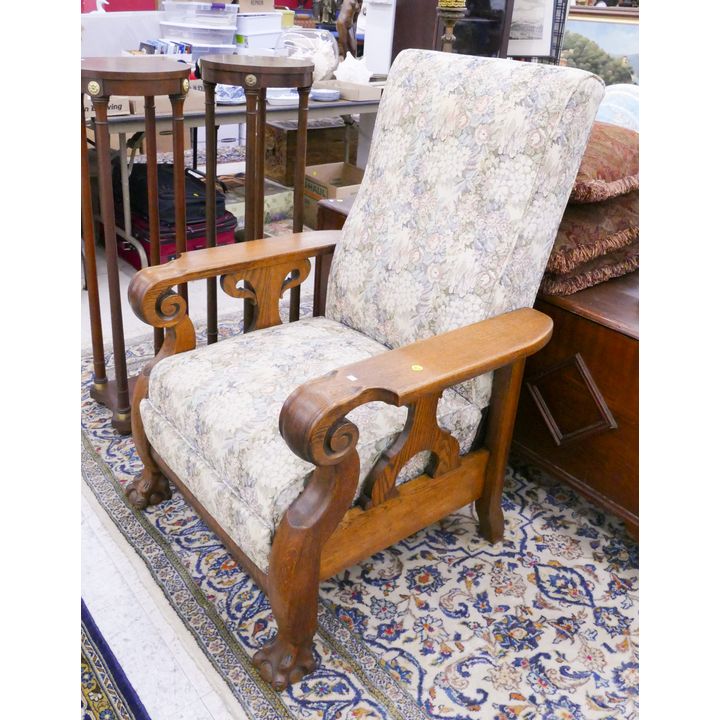American Carved Oak Morris Chair with Claw Feet 43x31''
