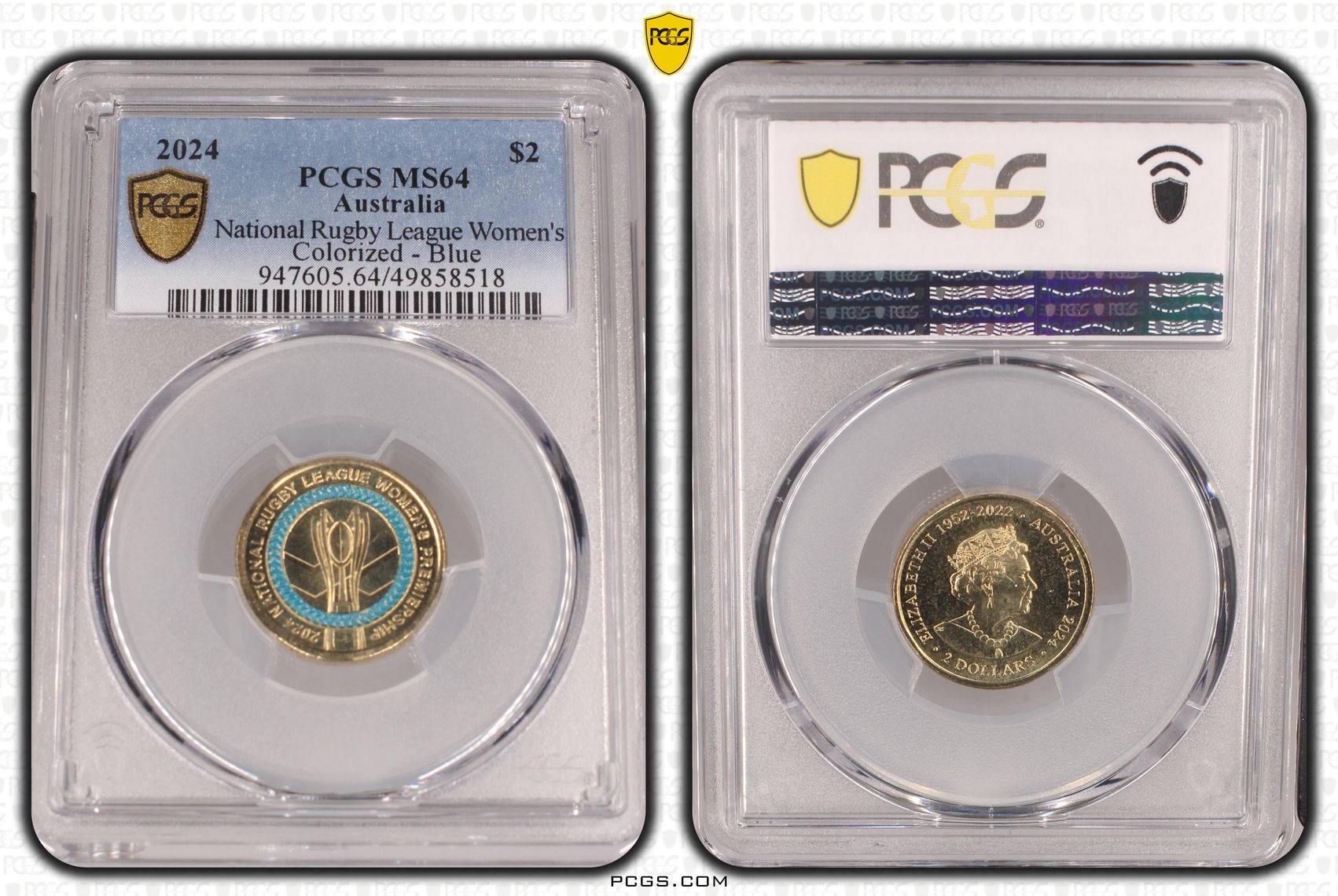Elizabeth II, National Rugby League Women's Colorized - Blue , Two Dollar, 2024, PCGS MS64
