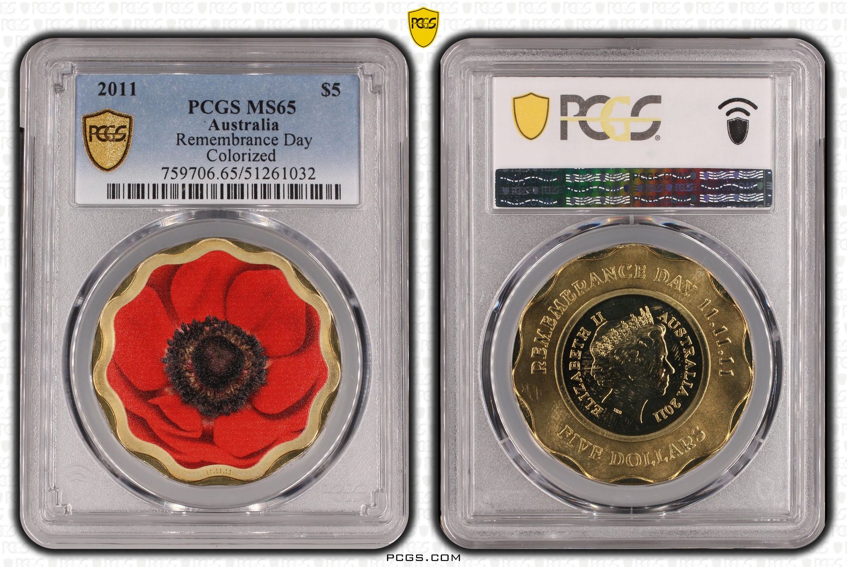 Remembrance Day Colorized, Five Dollar, 2011, PCGS MS65