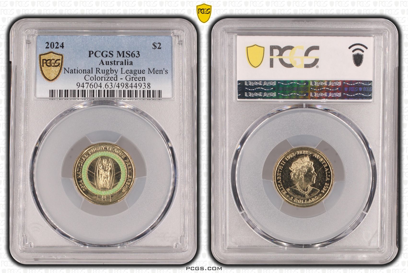 Elizabeth II, National Rugby League Men's Colorized - Green , Two Dollar, 2024, PCGS MS63