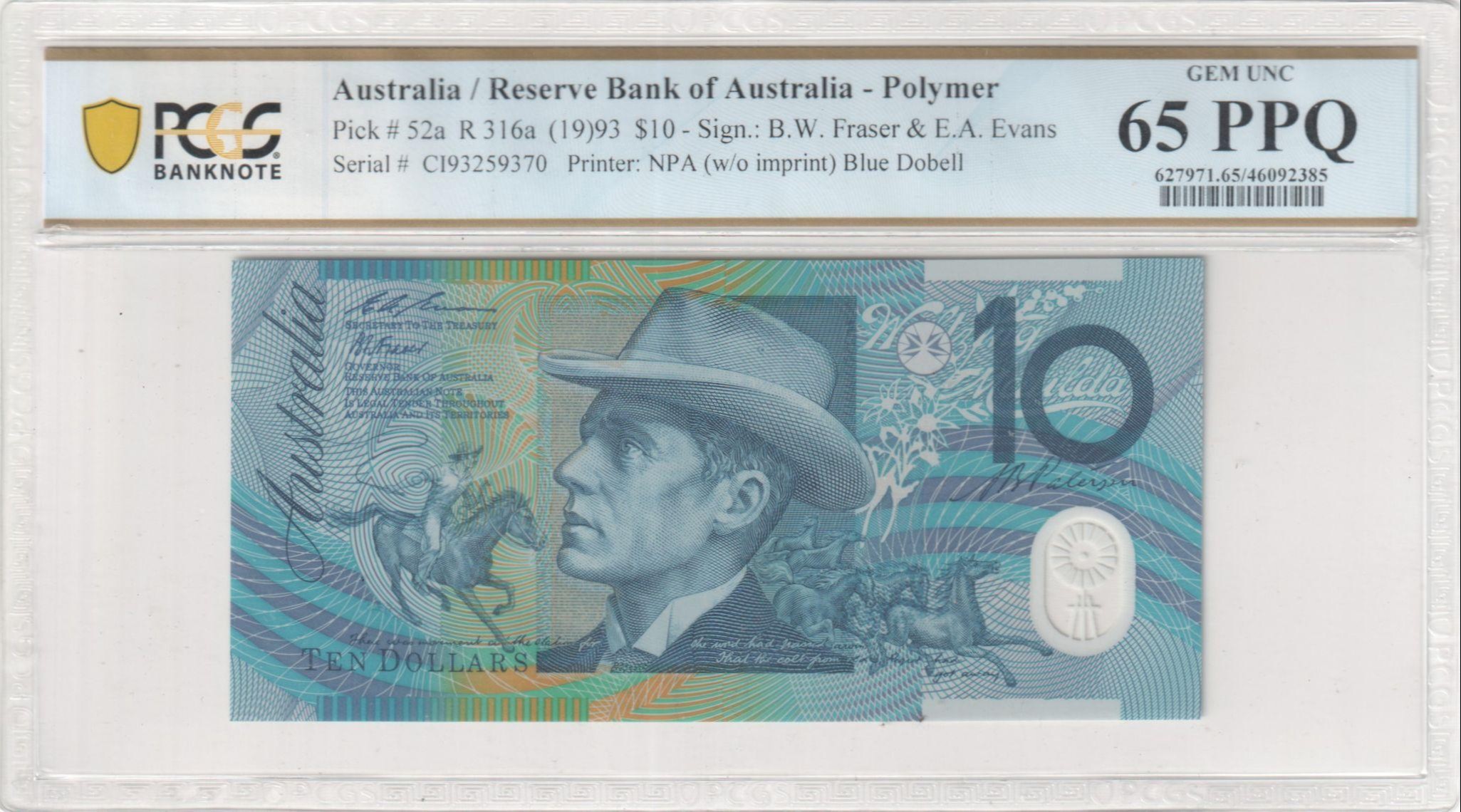 171 · RBA, Polymer, NPA (w/o imprint), Sign.: B.W. Fraser & E.A. Evans, Blue Dobell, Ten Dollar, 1993, PCGS - Gem UNC 65 PPQ