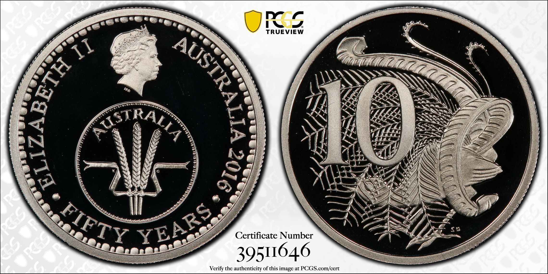 50 Yrs Decimal Currency, Ten Cent, 2016, PCGS PR69DCAM