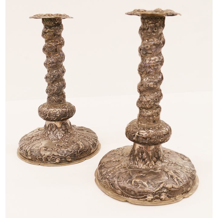 Pair Antique Dutch Repousse Silver Candlesticks