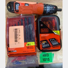 BLACK + DECKER RECHARGEABLE SCREWDRIVER, BLACK+DECKER 18 PC BLACK OXIDE DRILL SET & BLACK+DECKER SCREWDRIVING KIT