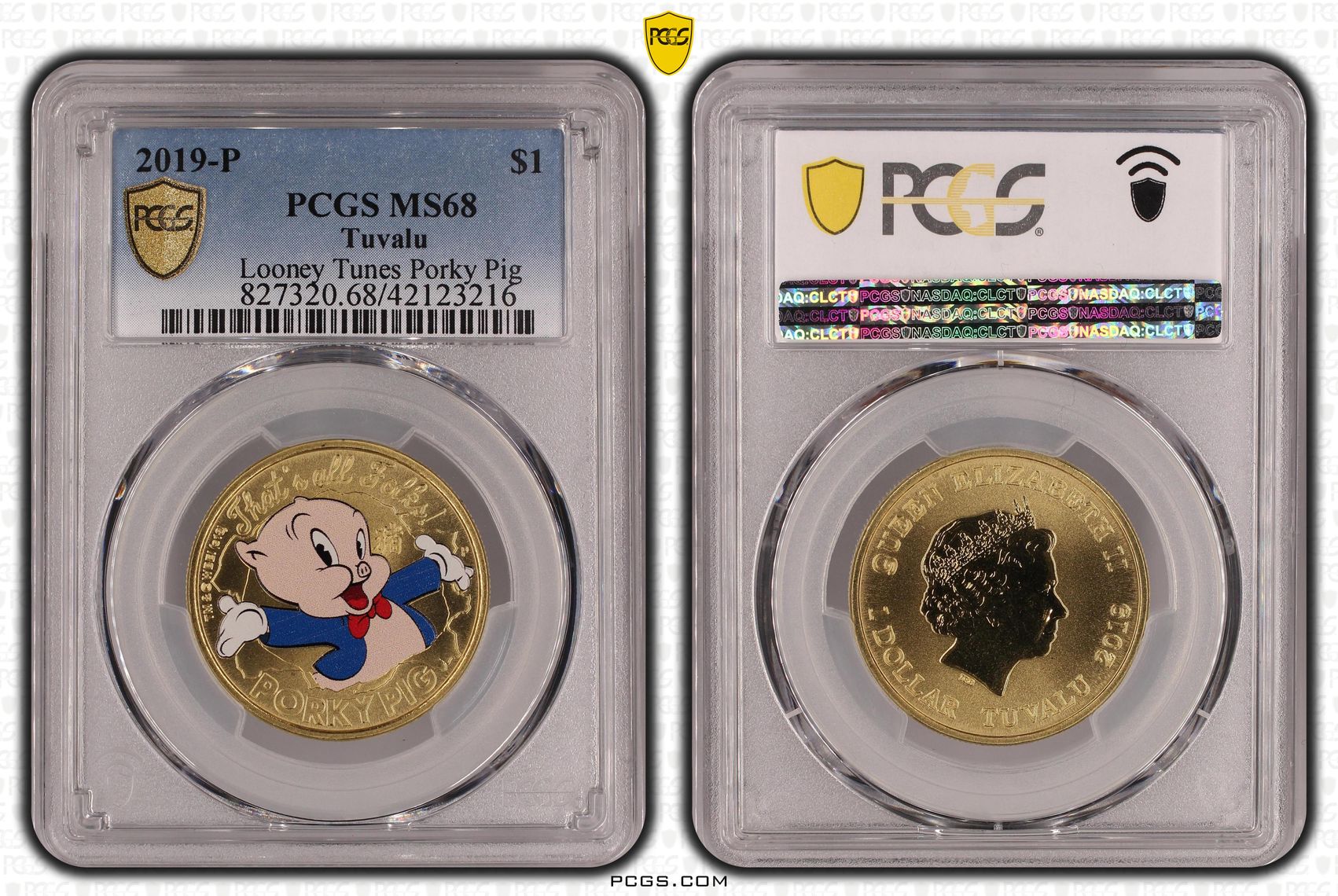 Tuvalu, Looney Tunes Porky Pig Colorized, One Dollar, 2019-P, PCGS MS68