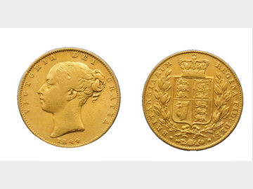 1844 Queen Victoria Young Head London Mint Shield Gold Sovereign.