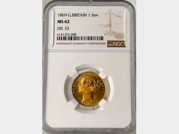 1869 VICTORIA #DIE 33 SHIELD GOLD SOVEREIGN MS62