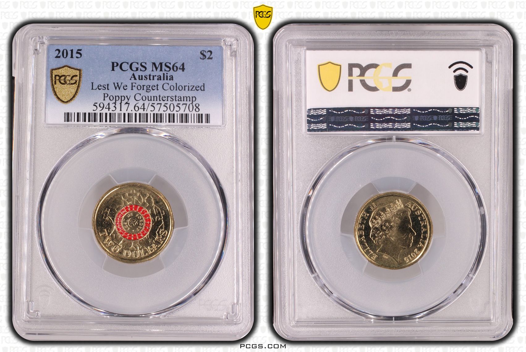 Lest We Forget Colourised Poppy Counterstamp, Two Dollar, 2015, MS64