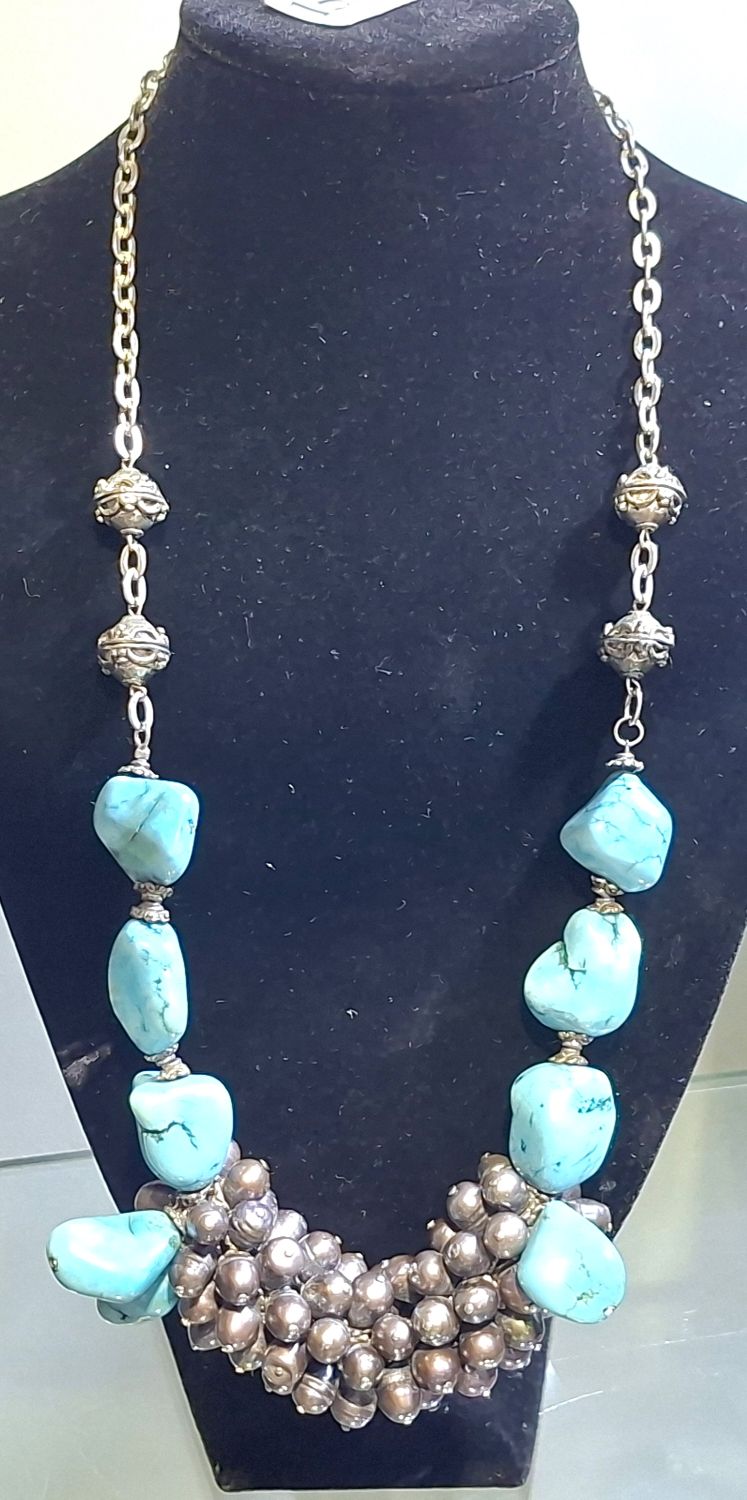 Semi Precious Stone And Fresh Water Pearl Necklace