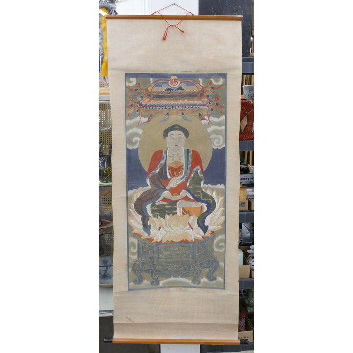 Old Chinese Seated Buddha Scroll Painting- 76x26''