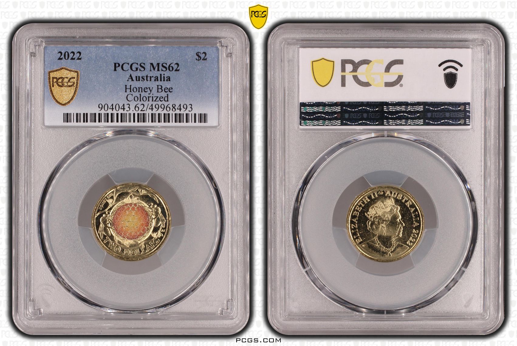 Honey Bee Colourised, Two Dollar, 2022, PCGS MS62