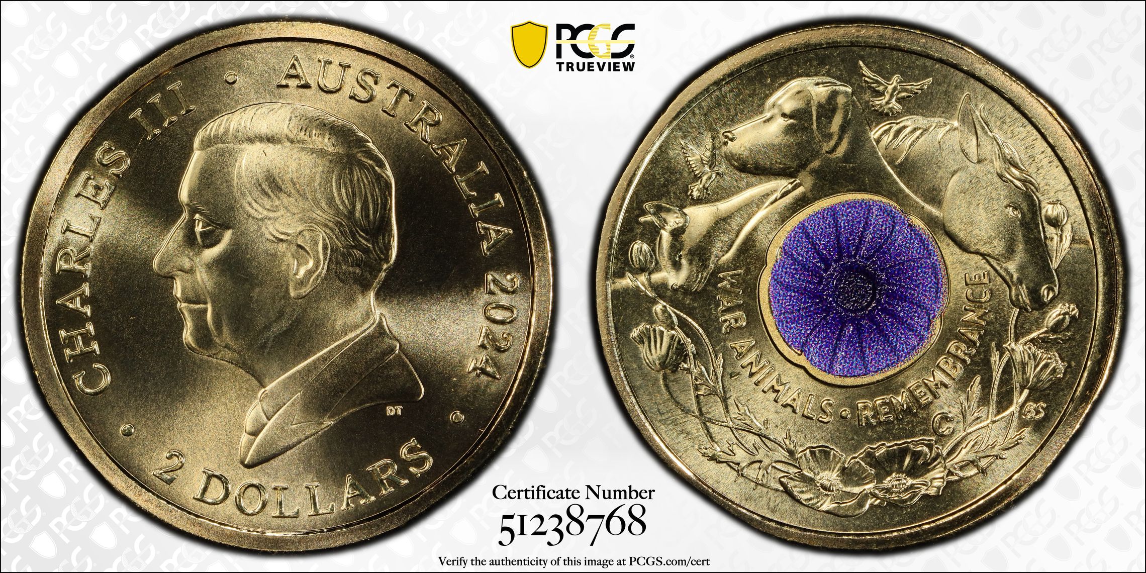War Animal Remembrance Colourised, Two Dollar, 2024-C, PCGS MS69