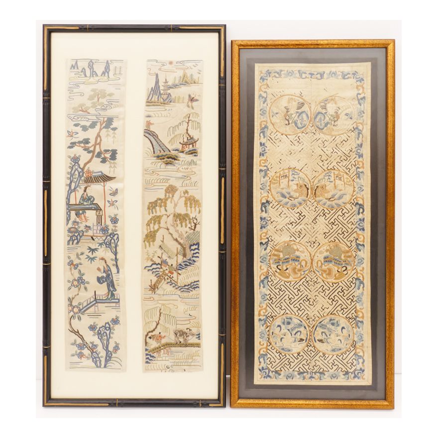2pc Chinese Qing Silk Sleeve Panels Framed
