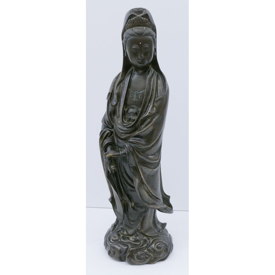 Chinese Qing Silver Inlaid Bronze Large Guanyin