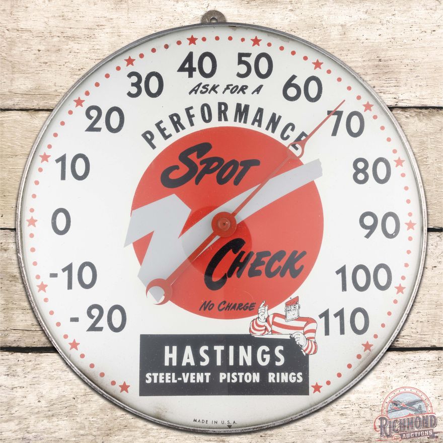 Hastings Piston Rings 12" "Spot Check" Thermometer Sign w/ Mascot