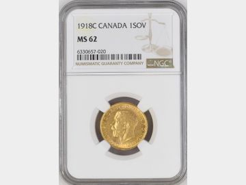 1918 GEORGE V CANADA MINT GOLD SOVEREIGN MS62
