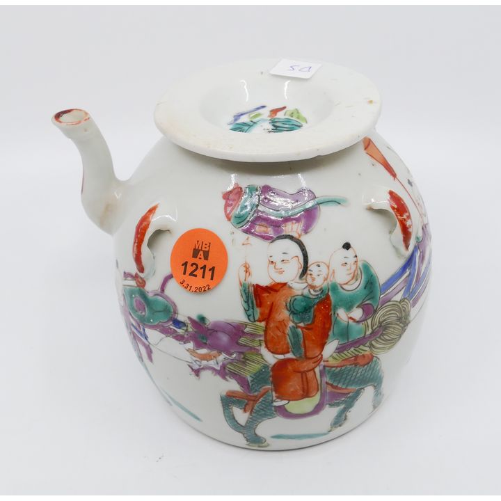 Antique Chinese Enameled Porcelain Teapot- some minor chipping- 5''