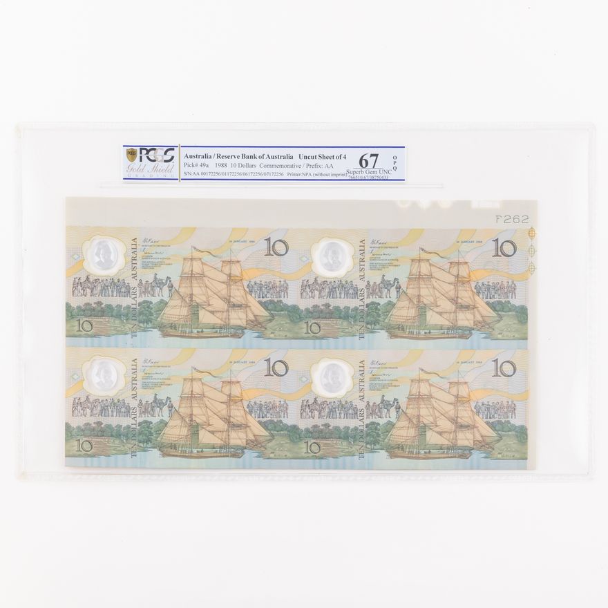 Johnston/Fraser, Bicentenary Uncut Sheet of 4, Ten Dollar, 1988, PCGS 67 Superb Gem UNC