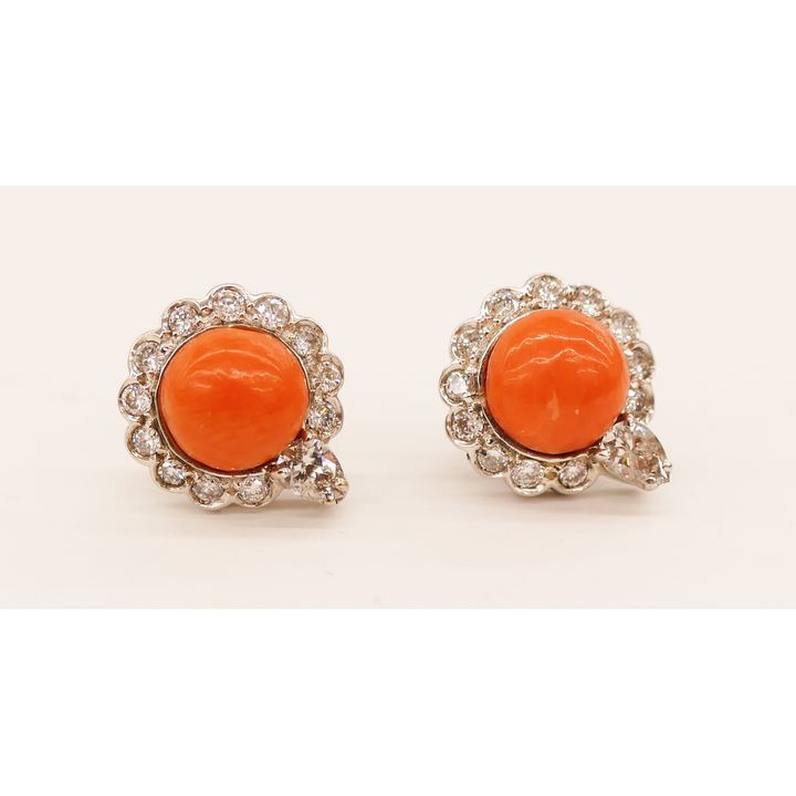 Pair Lady's Coral & Diamond 14k Earrings