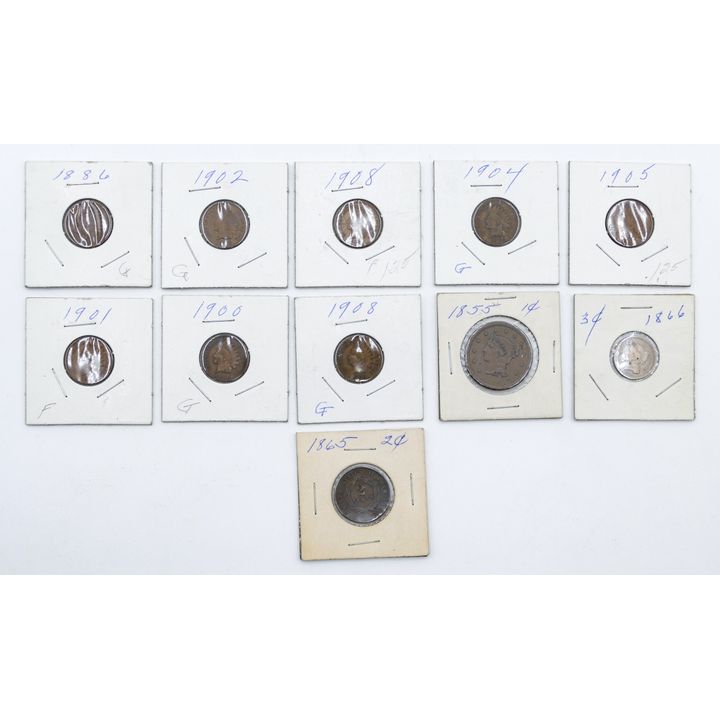 Box 11pc Antique US Indian Head Cents, 2 and 3 Cents