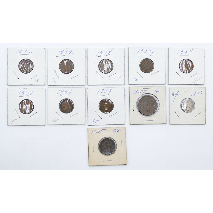 Box 11pc Antique US Indian Head Cents, 2 and 3 Cents