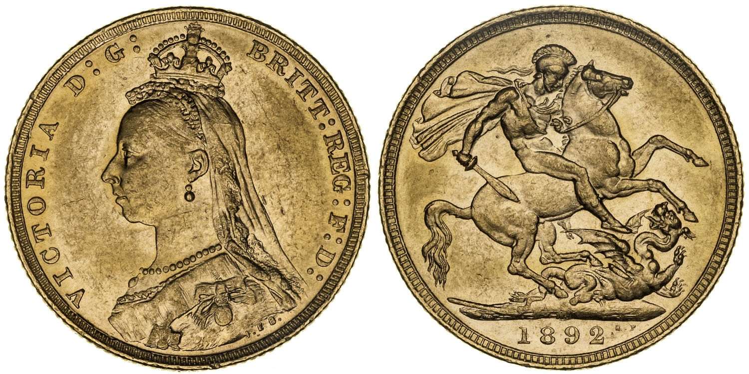 Victoria, St George Reverse, Sovereign, 1892-M, UNC