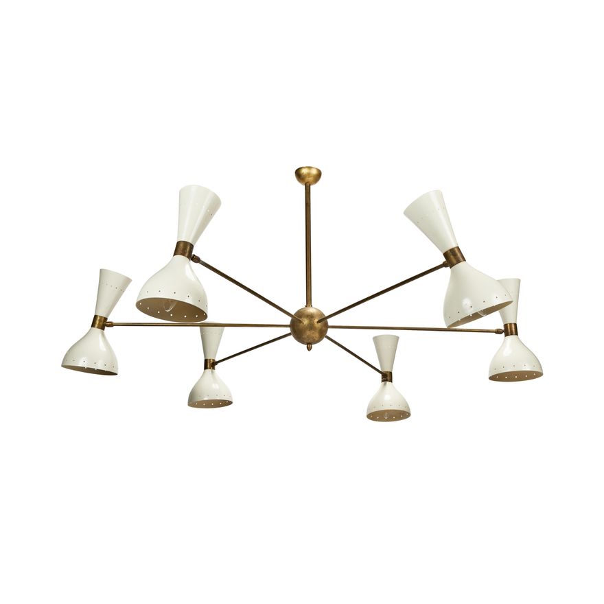 A large Italian white enamel and brass sputnik style six light chandelier