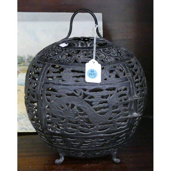 Antique Chinese Pierced Copper Dragon Lantern 12''