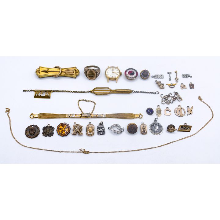 Box Old Fraternal Pins and Omega Wrist Watch etc.