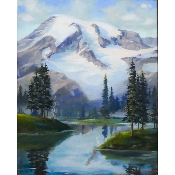 Kenn E. Johnson ''Mt. Rainier from Fairy Pool'' Oil on Masonite Framed 27''x23''