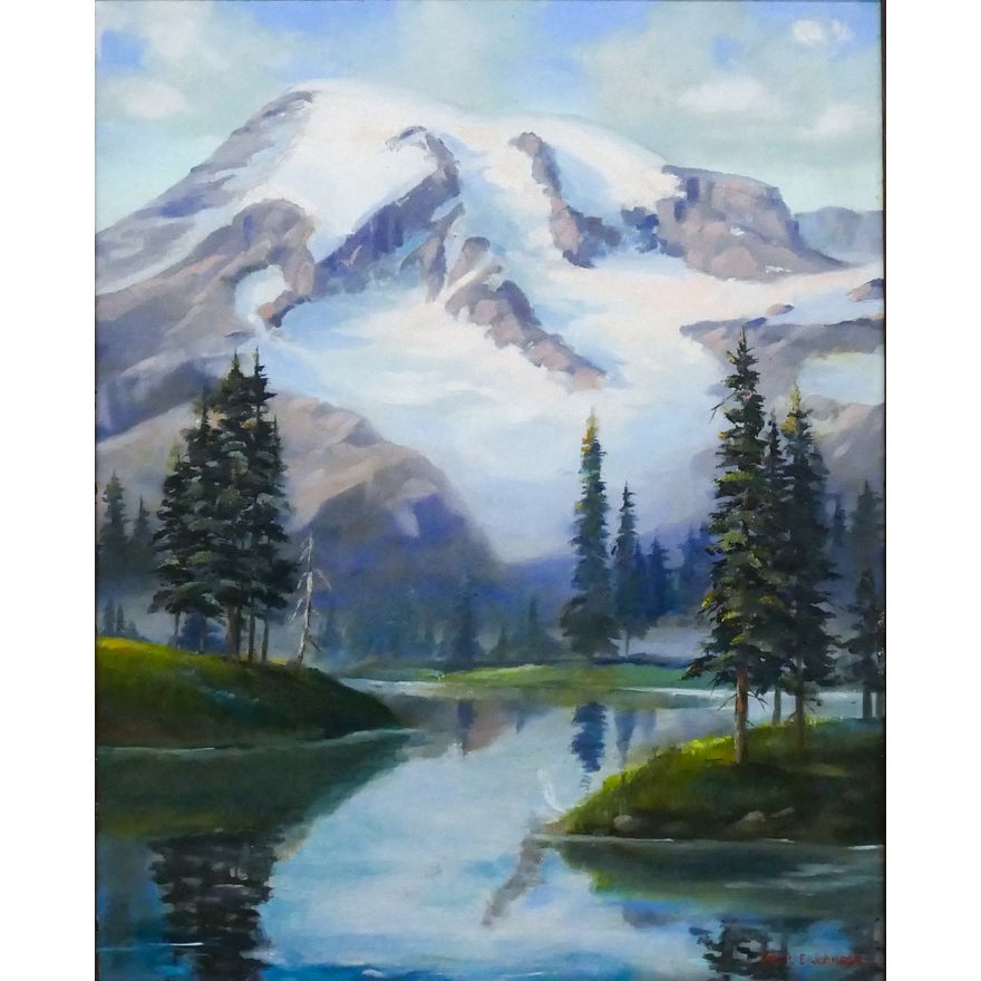 Kenn E. Johnson ''Mt. Rainier from Fairy Pool'' Oil on Masonite Framed 27''x23''
