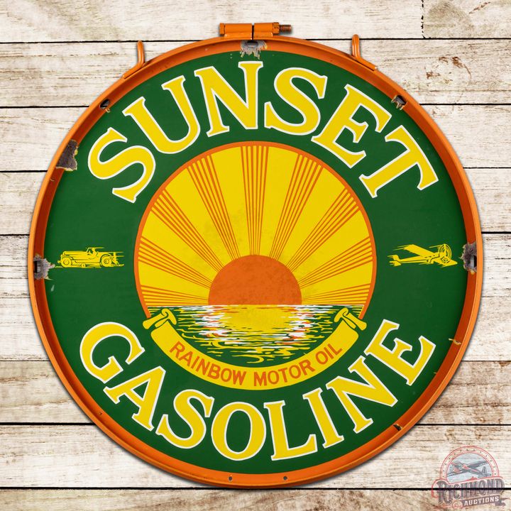 Sunset Rainbow Motor Oil Gasoline 30" Double Sided Porcelain Sign w/ Ring