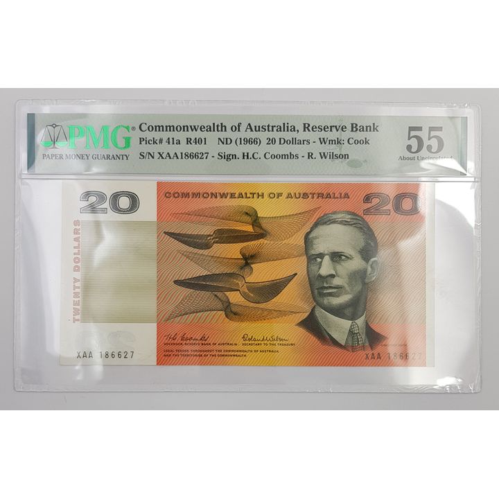 FIRST $20 PREFIX - CoA C/W $20 Note - aUnc 55