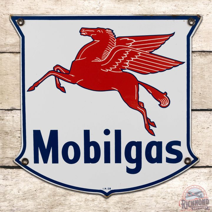 Terrific 1958 Mobilgas Single Sided Porcelain Pump Plate Sign w/ Pegasus