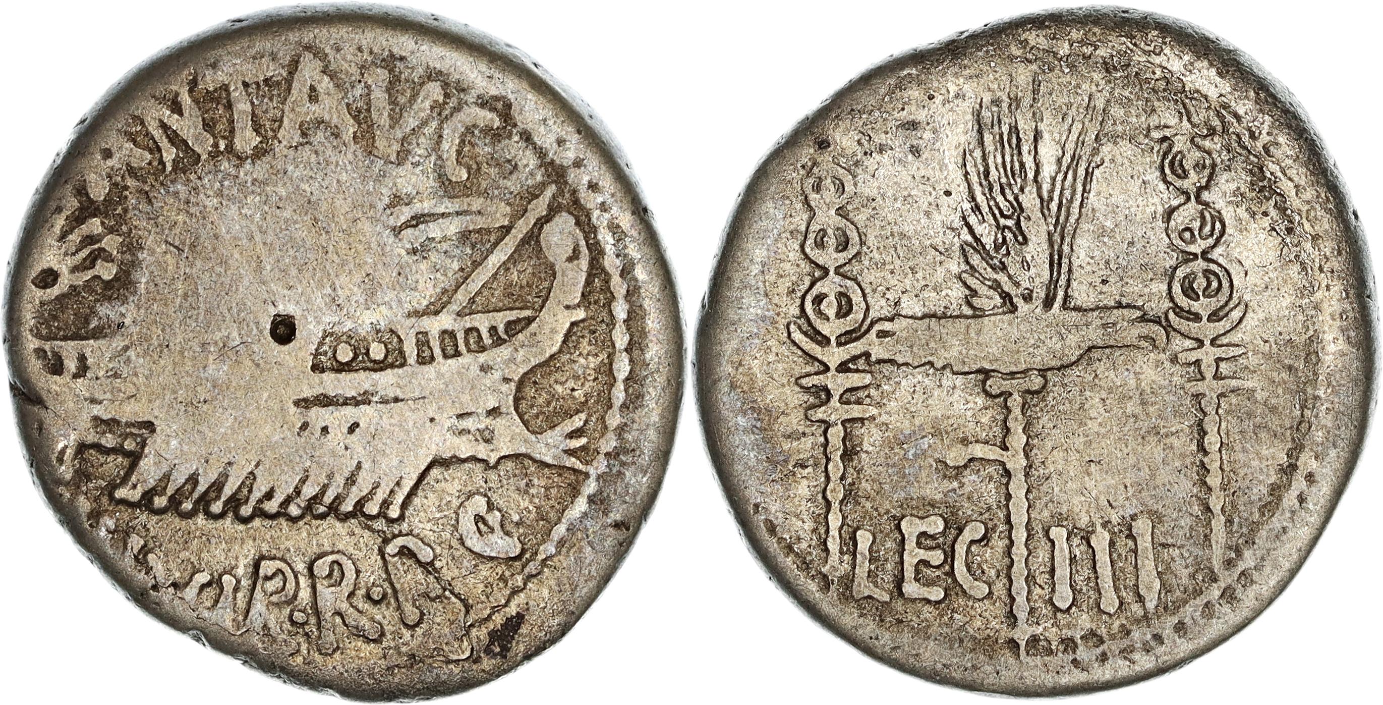 Roman Republic, Imperatorial Period, M. Antonius M.f. M.n. (Mark Antony), Silver Denarius, 32-31 BC, F