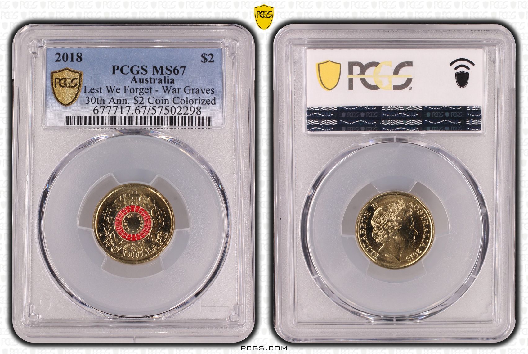 Lest We Forget - War Graves 30th Ann. $2 Coin Colourised, Two Dollar, 2018, PCGS MS67