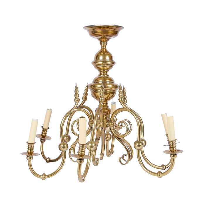 A large 17th century Dutch style gilt six-light brass chandelier
