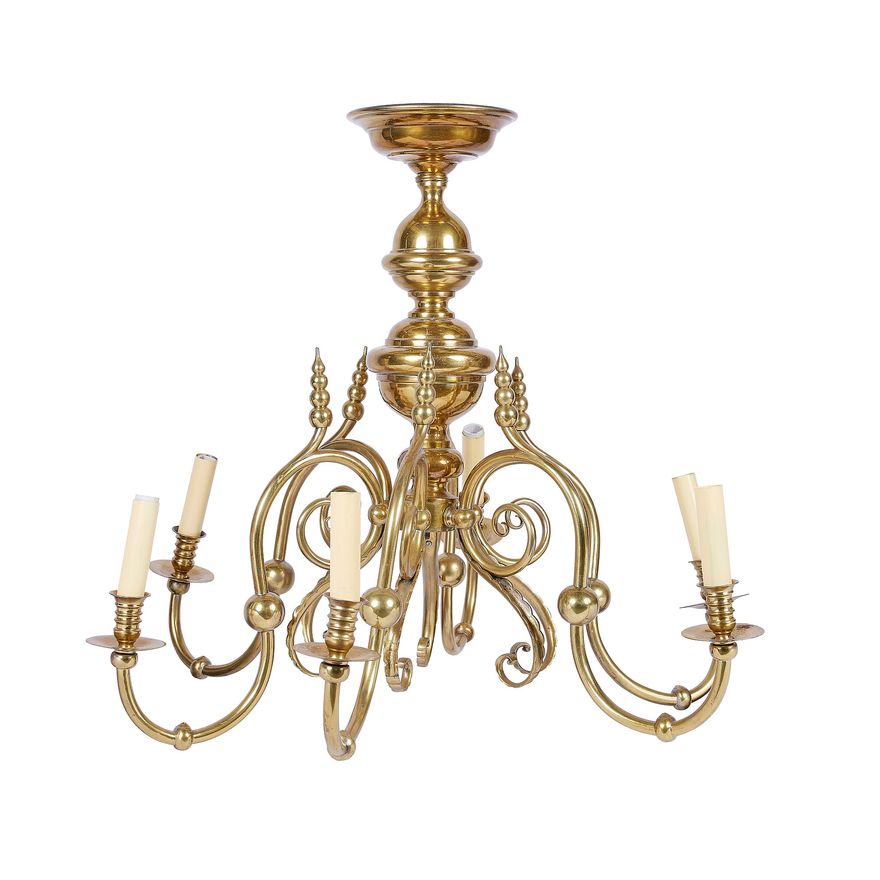 A large 17th century Dutch style gilt six-light brass chandelier