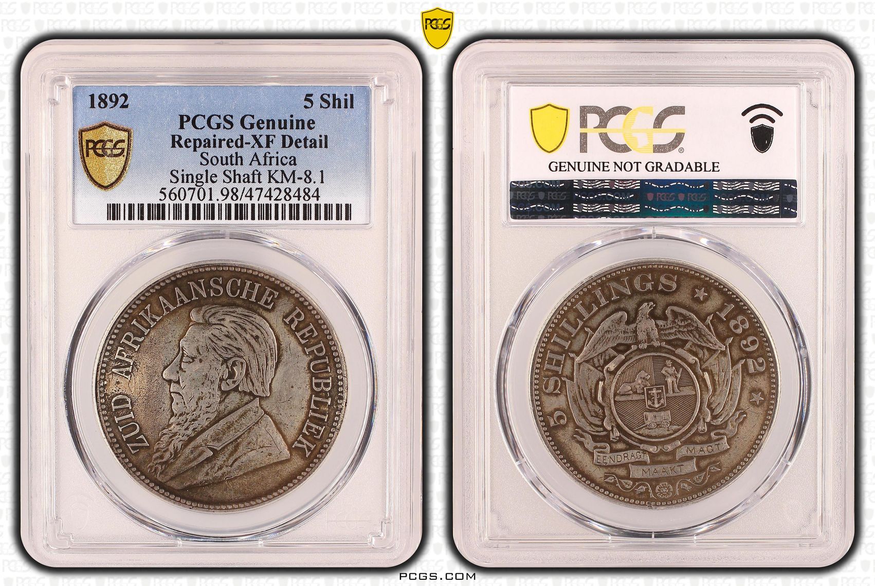 South Africa, Single Shaft KM-8.1, Five Shilling, 1892, PCGS Genuine - XF Details (98 - Damage)