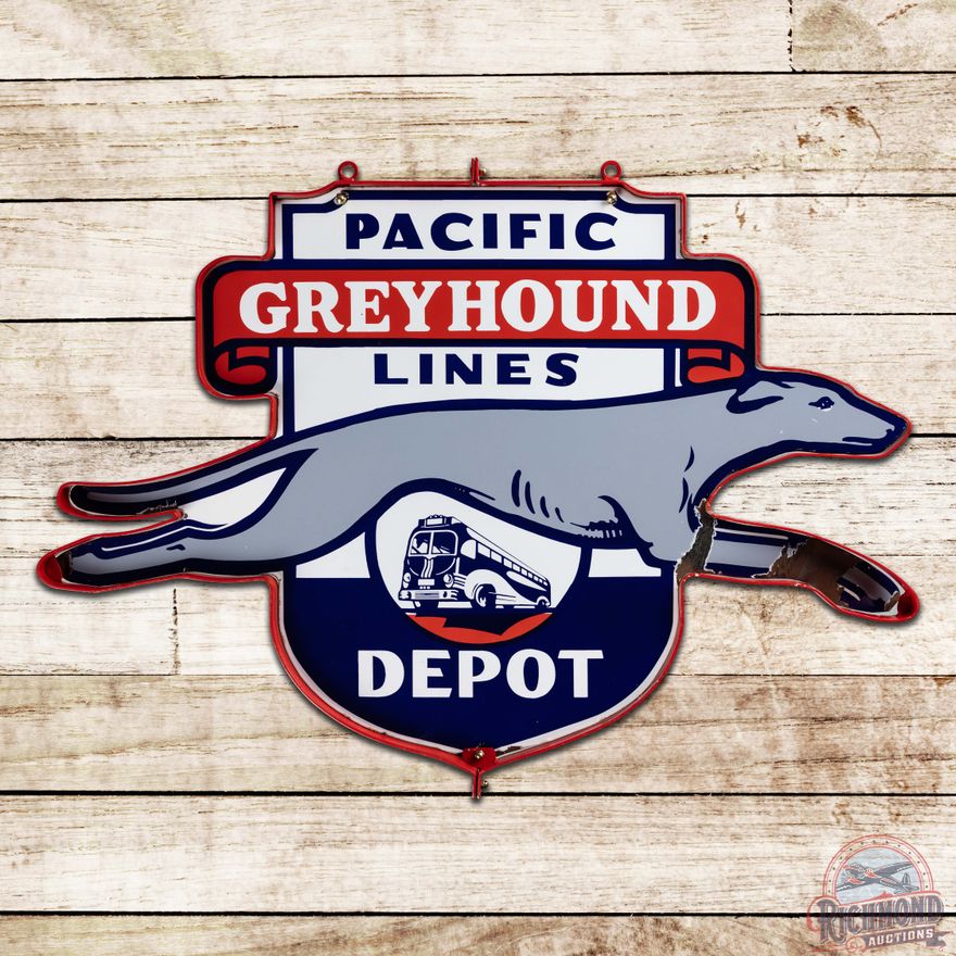 Scarce Pacific Greyhound Lines Depot Die Cut Double Sided Porcelain Sign w/ Frame