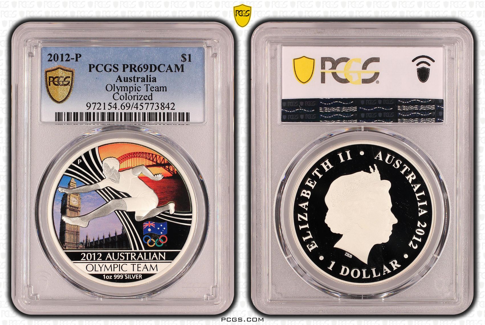 Elizabeth II, Olympic Team Colorized, POP 1/0, One Dollar, 2012-P, PCGS PR 69DCAM
