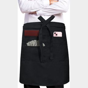 UNISEX BISTRO SERVER APRON WITH ZIPPER & PEN POCKET - COMMERCIAL GRADE (BLACK, 24X20 INCHES)