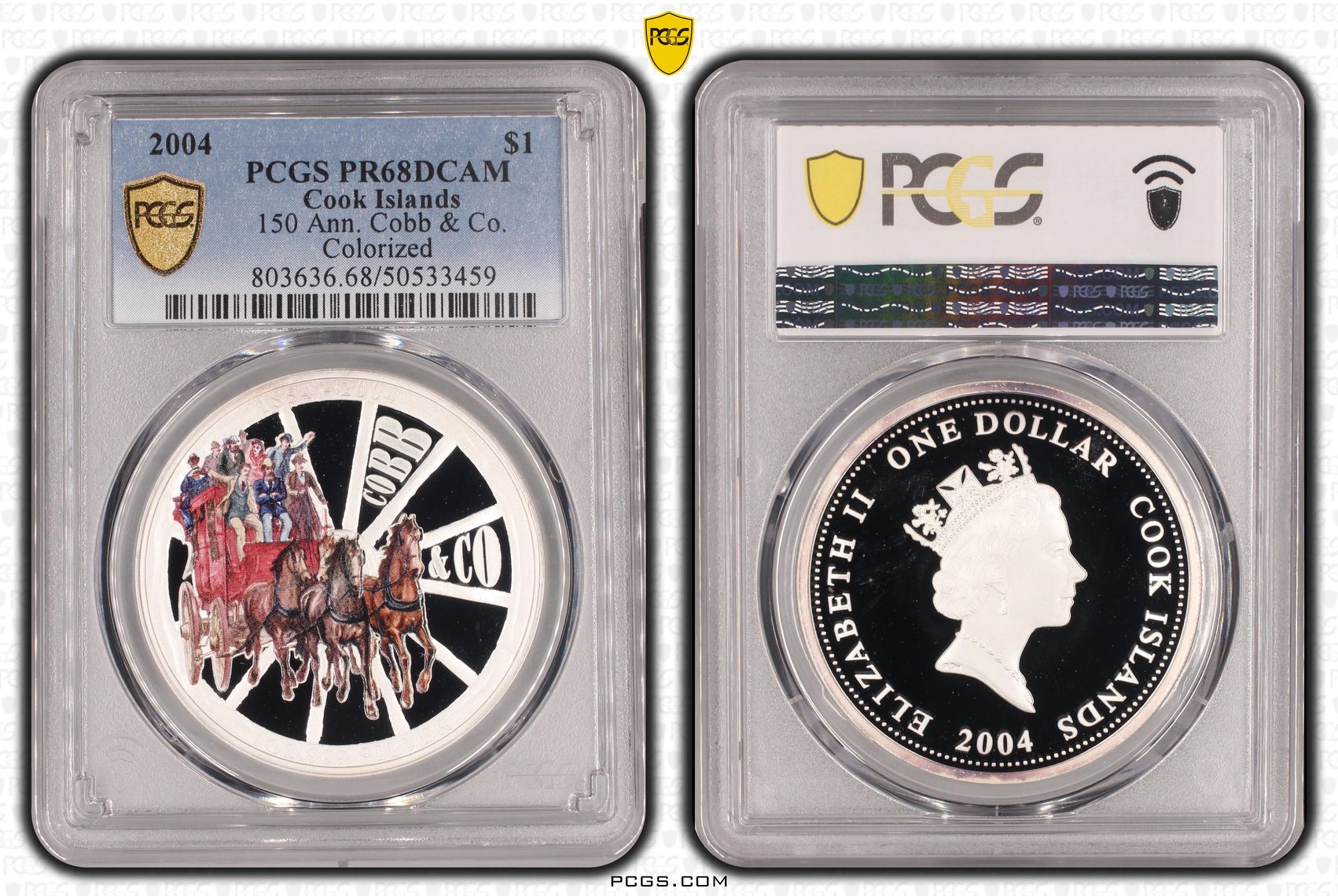 Cook Islands, 150 Ann. Cobb & Co. Colorized, One Dollar, 2004, PCGS PR68DCAM