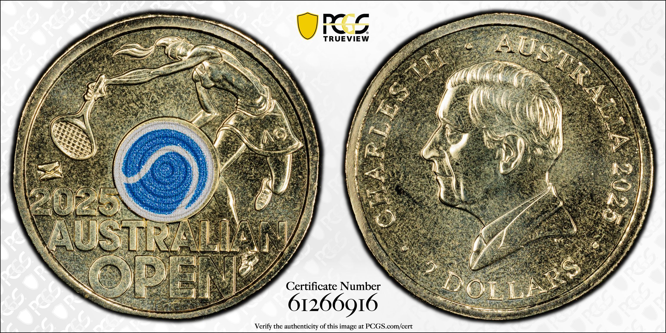 Women's Australian Open Blue Envelope Privy Colourised, Two Dollar, 2025, PCGS MS68