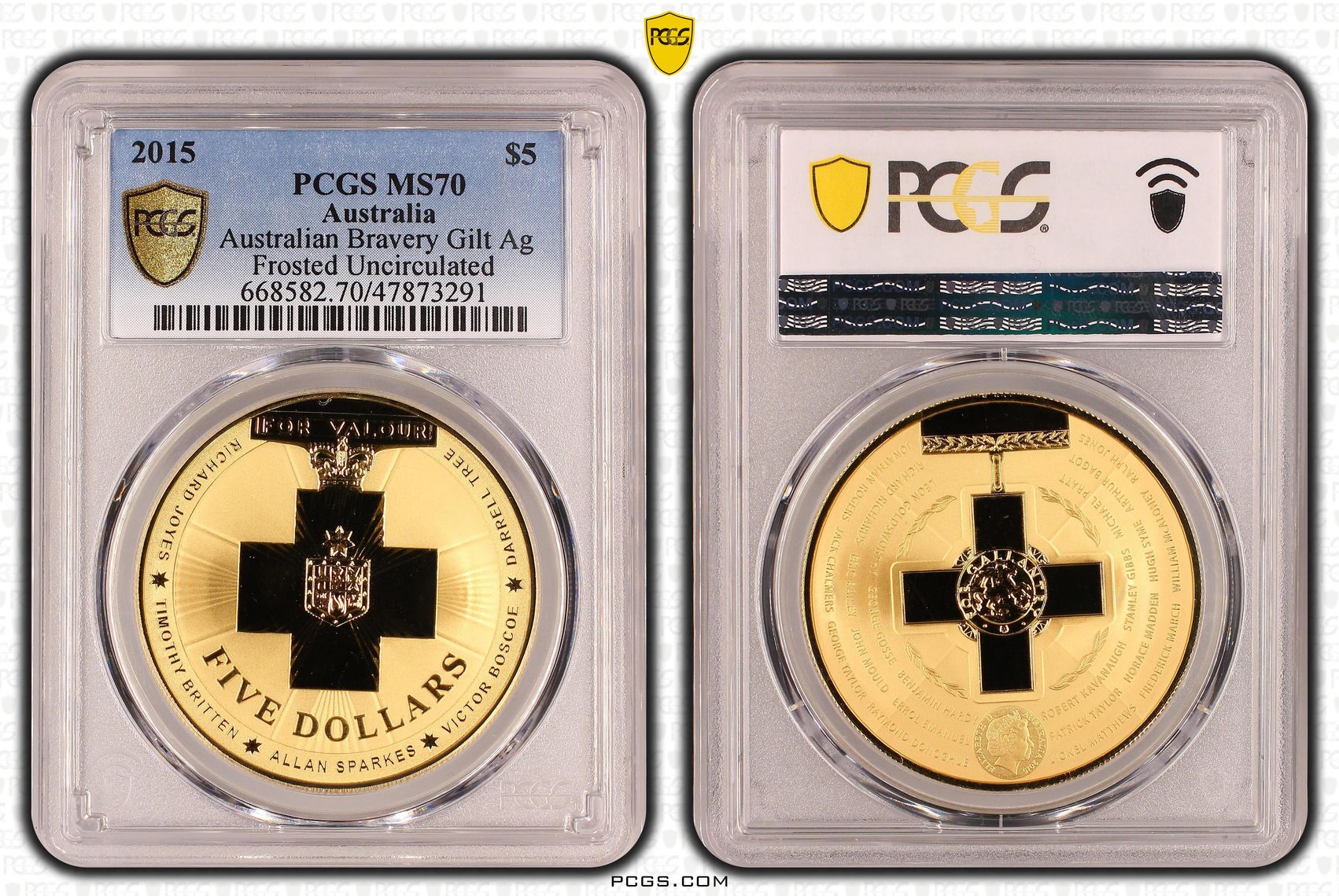 Australian Bravery Gilt Ag Frosted Uncirculated, POP 8/0, Five Dollar, 2015, PCGS MS70