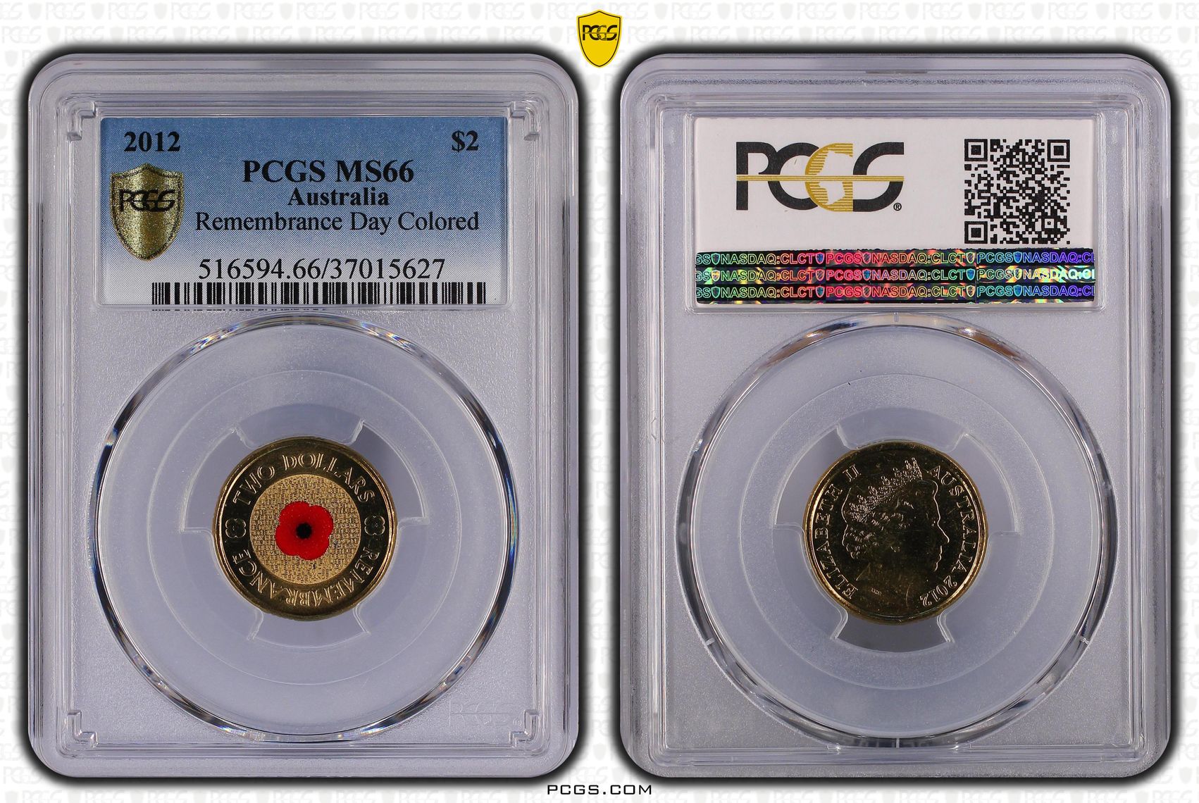 498 · Remembrance Day Colored, Two Dollar, 2012, PCGS MS66